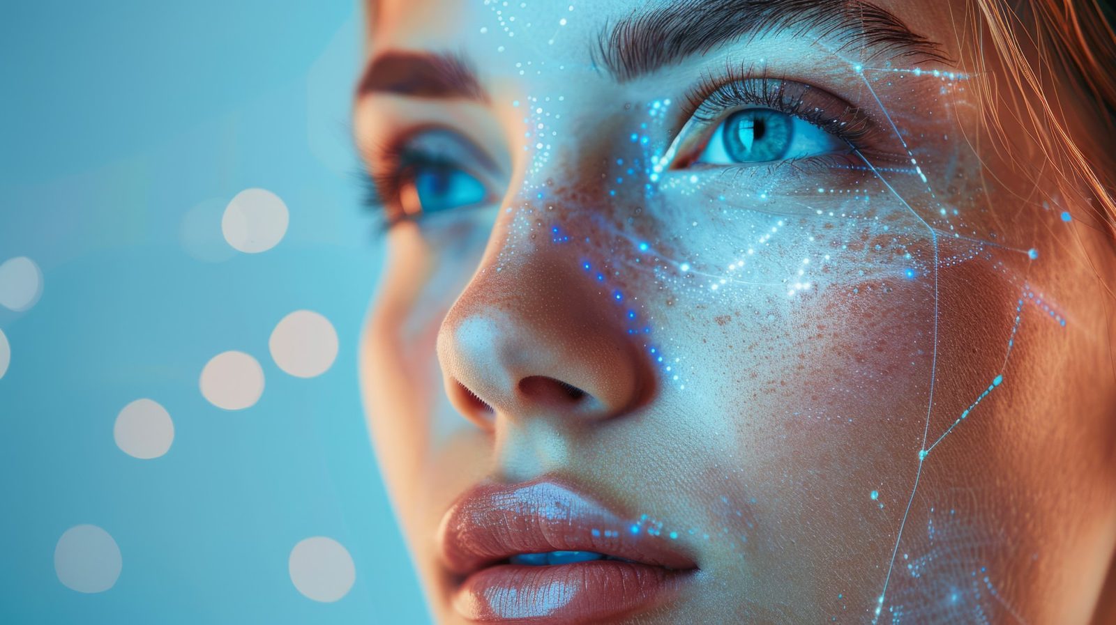 Plastic Surgery SEO Woman’s face with a digital aesthetic analysis overlay